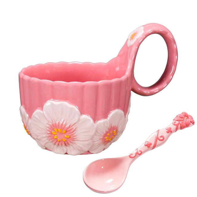 silesia Handmade Loop Handle Soup Bowl with Spoon, Ceramic Hand-Painted Cereal Bowl Great for Soup, Ice cream, Snack, Stew in Gift Box, Microwave & Dishwasher Safe (Pink)