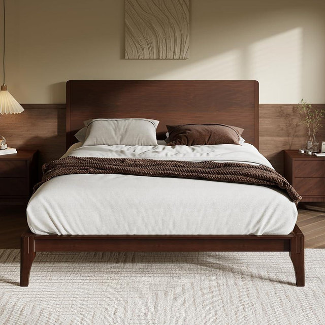 Merax Queen Size Bamboo Platform Bed, Mid-Century Modern Bed Frame with Tall Headboard, Wood Slat Support, No Box Spring Needed, Easy Assembly, Espresso
