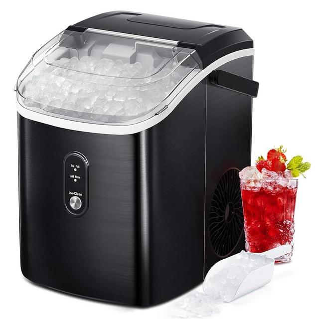 ZAFRO Nugget Stainless Steel Ice Maker Countertop with Handle, Self-Cleaning Ice Machine, 35Lbs per Day, Chewable&Soft Ice Cubes, with Ice Basket/Ice Scoop, Black