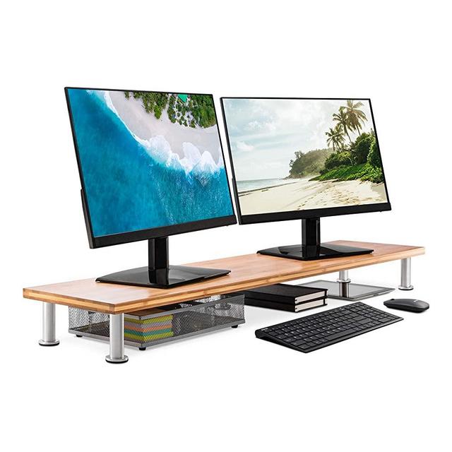 The Office Oasis Dual Computer Monitor Stand, Solid Bamboo Supports 100lbs, Natural