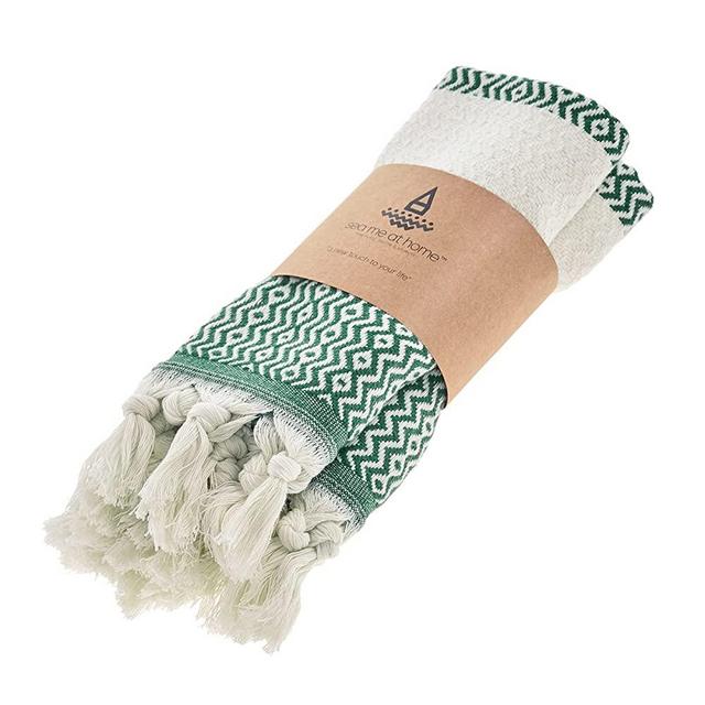 Decorative Turkish Hand Towels for Bathroom with Bohemian Design (Set of 2), 100% Turkish Cotton Farmhouse Boho Kitchen Towel Set, 14 x 29 Inches, Hair Face Dish Tea Towels (Green)