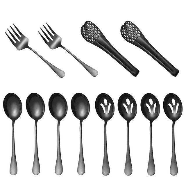Large Serving Utensils,12 Pcs Stainless Steel Serving Set with Serving Spoons,Serving Fork,Serving Tongs,Polished Serving Utensil Set for Buffet Parties Home,Dishwasher Safe(Black)