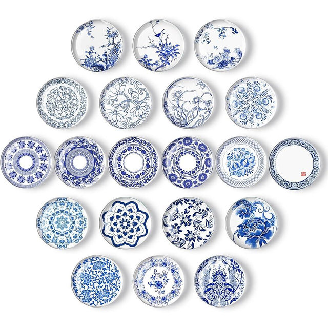 20 Pieces Glass Refrigerator Magnet Round Blue and White Porcelain Glass Fridge Decoration Cute Magnets for Fridge Whiteboard Office Locker Cabinet Dishwasher