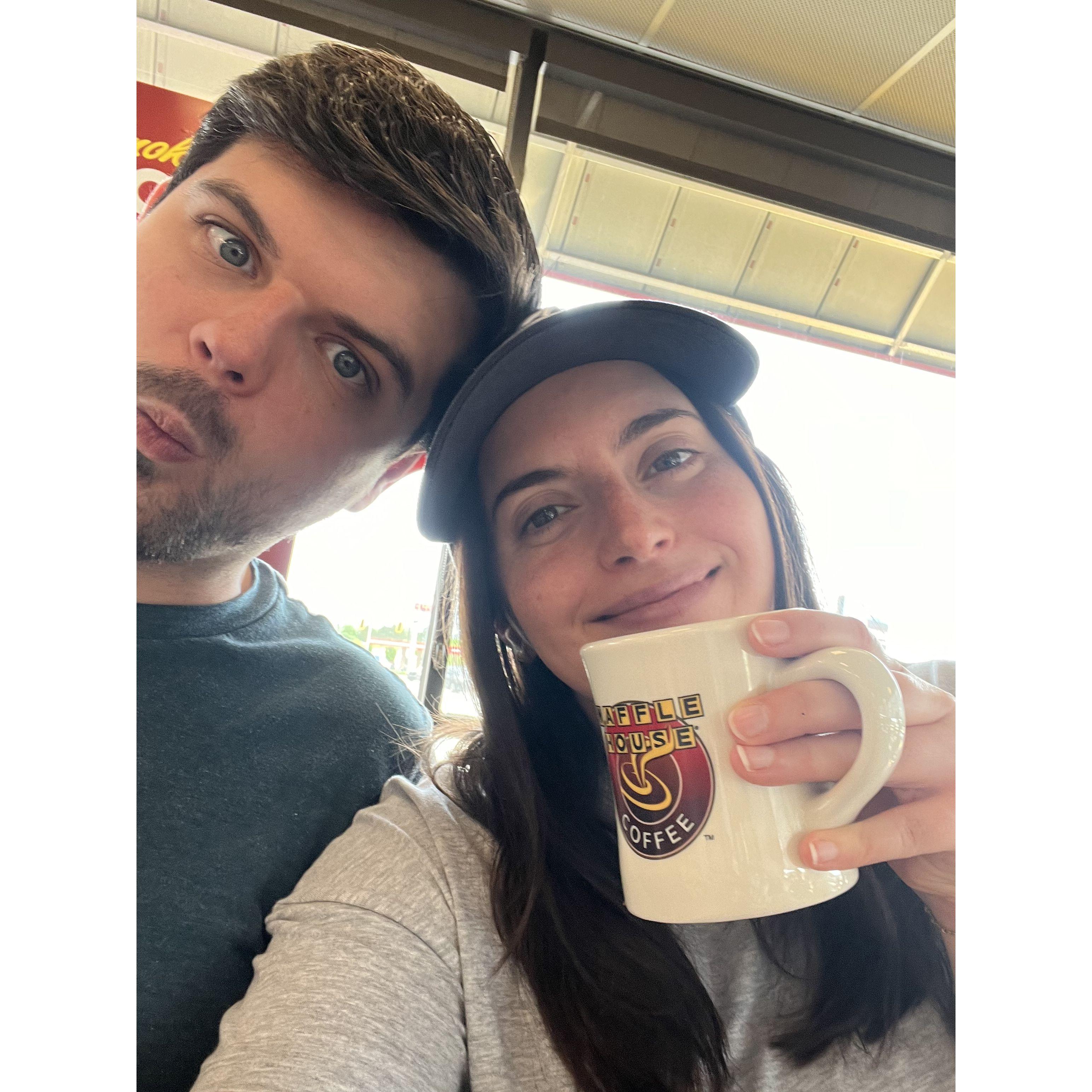 One of our too many to count Waffle House meals together