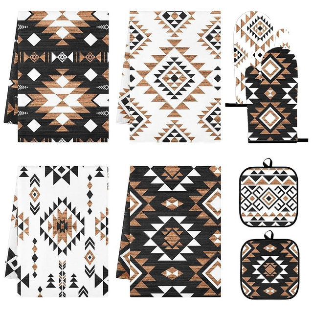 8 Pcs Western Aztec Kitchen Decor Set Southwest Tribal Aztec Heat Resistant Oven Mitts and Pot Holders Western Kitchen Dish Towels Boho Geometric Decorations Accessories for Home Cooking Baking Gift