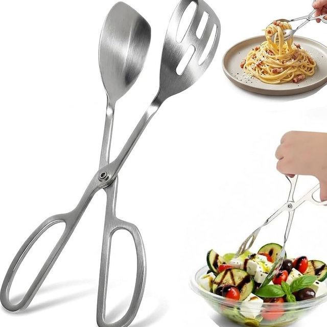 10-Inch Salad Tongs for Serving - Premium Stainless Steel Scissor Tongs, Large Opening Food Utensils for Tossed Salad, Fruit & Greens, Ergonomic Silver Metal Serving Tongs for Buffet, Kitchen & Party