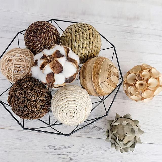 CIR OASES Decorative Balls Spherical Assorted 9pcs Brown White Orbs Rustic Natural Twig Rattan Woven Cotton Balls for Vase Bowl Filler Tabletop Decor Home Party Wedding Display