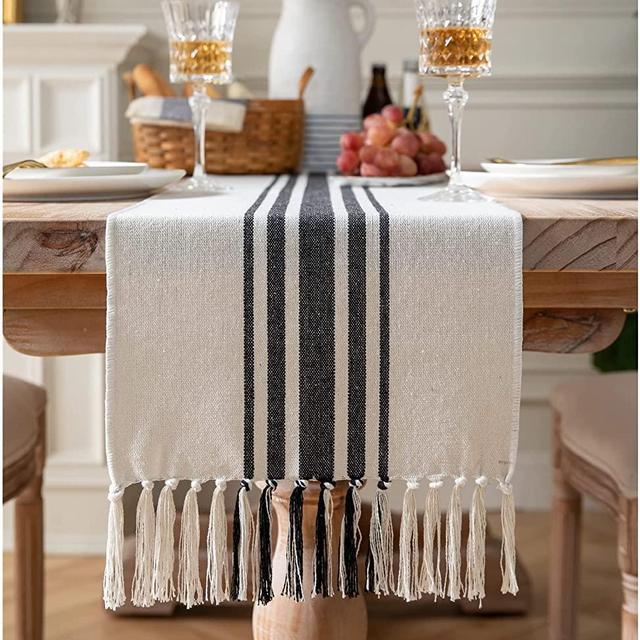 Boho Table Runner for Modern Farmhouse Decor, Dining Table décor 13 x 108 Inch Long, Coffee Table Runner with Handcrafted Tassels, Black and Beige Stripe Table Runner for Home Boho décor