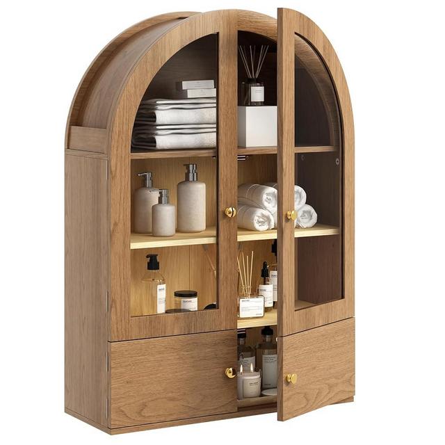 Ludatido Bathroom Medicine Cabinets with 4 Doors, Wall Mounted Medicine Cabinets with Adjustable 4 Shelves, Arched Design Medicine Cabinet with Glass for Bathroom Brown