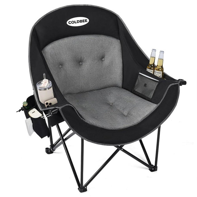 Coldbee Oversized Camping Chairs for Adults - Heavy Duty Padded Folding Lawn Chairs with Cup Holders & Cooler Bag, Comfy Outdoor Chair for Picnic, Beach, Fishing (Black)