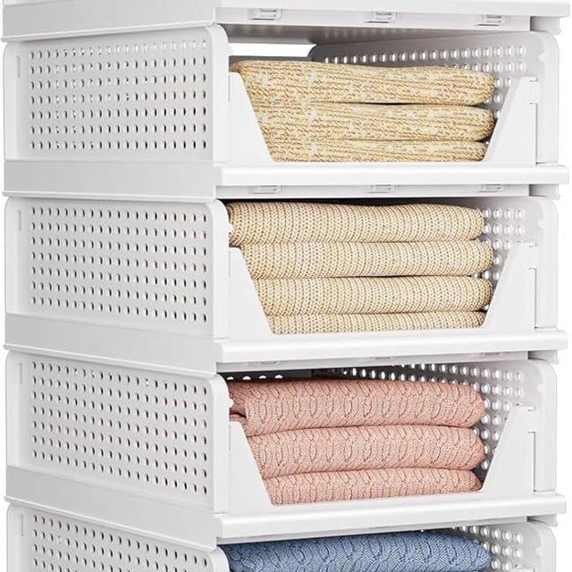CTSNSLH 5 Pack Closet Organizers Storage Box, Closet Storage Stackable Storage Bins, Plastic Drawer Basket for Wardrobe Cupboard Kitchen Bathroom Office, White