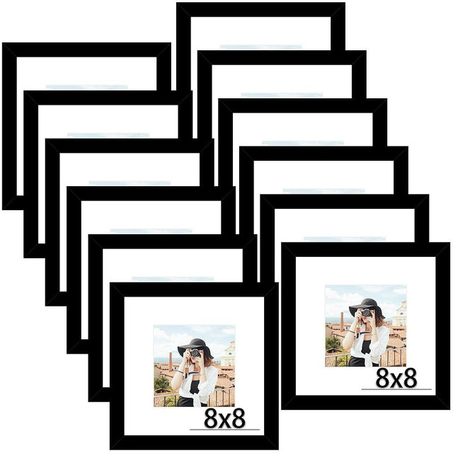 Picrit 8x8 Picture Frame Set of 12, Display 5x5 with Mat or 8 x 8 Without Mat, Photo Frames for Wall Mounting or Table Top Display, Black.
