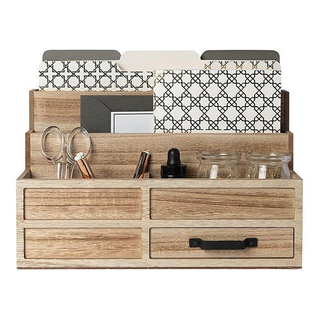 Blu Monaco Natural Wood Mail Organizer with Drawer and Pen Holder - Desk Organizer and Sorter for Bills, Storage, Countertop and Kitchen