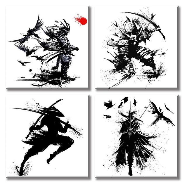 Japanese Samurai Canvas Wall Art Black and White Warrior Figure Painting Modern Home for Office Living Room Decor Minimalism Ancient Character Posters Decorations Stretched and Framed Ready to Hang
