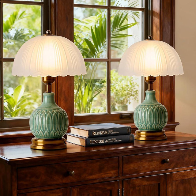 Flashine Ceramic Table lamp Set of 2, Modern Bedside Lamps Green Mid Century Vintage Desk Lamp Retro Glass Mushroom Traditional Lamp for Nightstand Living Room Bedroom Home Decor (S03GN-2PACK)