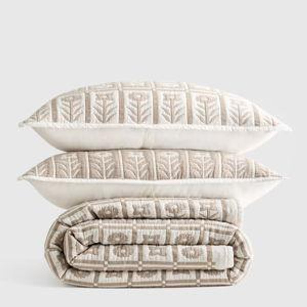 Organic Cotton Jacquard Floral Coverlet Set - Toffee, King/Cal King