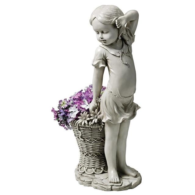 Design Toscano Frances the Flower Girl Outdoor Garden Statue with Planter, 21 Inch Tall, Cast Stone Resin, Antique Stone Finish