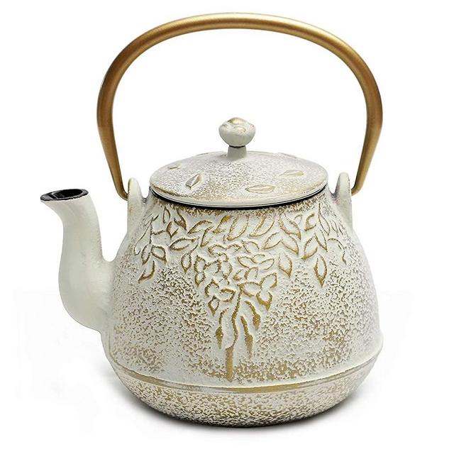 Cast Iron Tea Kettle, TOPTIER Japanese Cast Iron Tea Kettle with Infuser, Cast Iron Teapot Stovetop Safe, Leaf Design Tea Kettle Coated with Enameled Interior for 32 Ounce (950 ml), Warm Beige