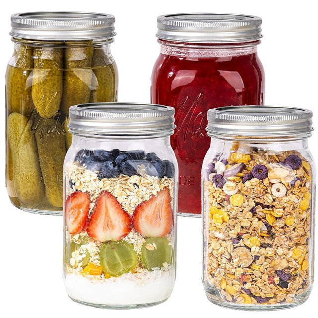 WELLIFE Wide Mouth Mason Jars, 4 Pack Mason Jars 32 oz for Pickling, Canning, Fermenting and Food Storage, Microwave & Dishwasher Safe