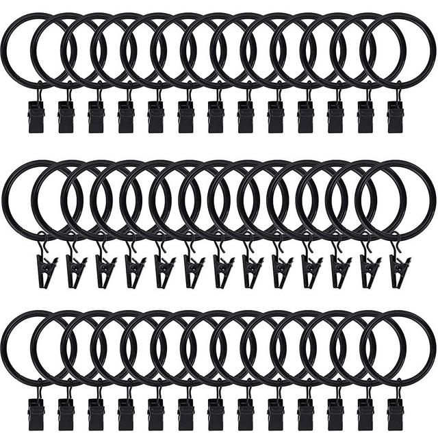 Lansian 40pcs Rustproof Drapery Matte Stainless Steel Metal Curtain Rings with Clips 1.5 inch Drapery Rings, Vintage Black (1.5" Interior Diameter)