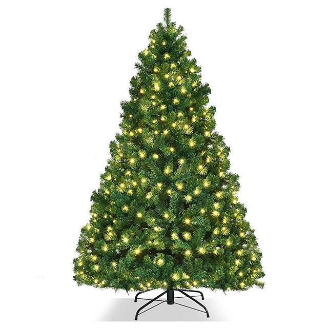 DREAMADE 7ft Pre-Lit Artificial Christmas Tree w/ 1096 PVC Branch, Includes Pre-Strung 300 UL-Certified Warm White LED Lights, Easy Set Up Metal Hinge& Foldable Base, Xmas Tree for Home Party, Green