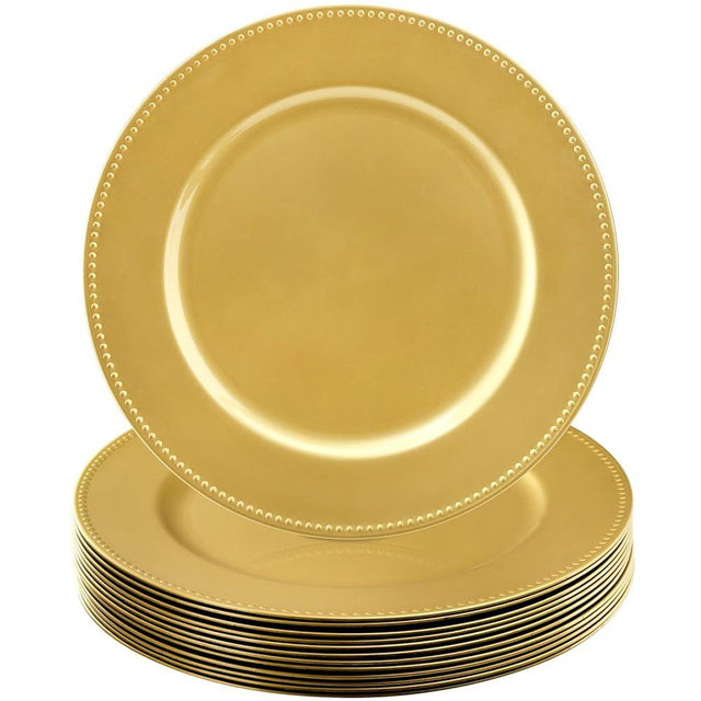 Okllen 12 Pack Plastic Gold Charger Plates, 13" Round Beaded Charger Plates Decorative Dinner Chargers, Embossed Charger Serving Plates for Wedding, Catering Event, Tabletop Decor