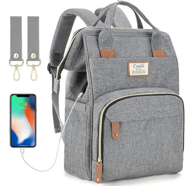 Diaper Bag Backpack with USB Charging Port and Stroller Straps, Maternity Nappy Bag with Insulated Feeding Bottle Pocket (Grey)
