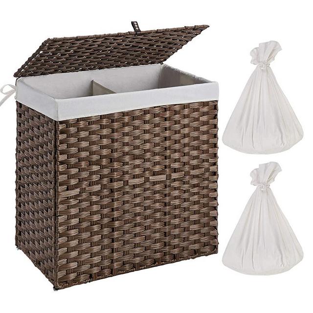 Greenstell Handwoven Laundry Hamper with 2 Removable Liner Bag, Synthetic Rattan Laundry Basket with Lid and Handles, Foldable and Easy to Install Brown (Larger Size)