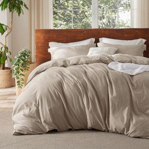 Bedsure 100% Washed Cotton Duvet Cover Cal King - Frosted Almond Minimalist Cotton Duvet Cover Linen Like - GentleSoft™ Plain Simple Bedding, 3 Pieces (Frosted Almond, California King, 104"x98")