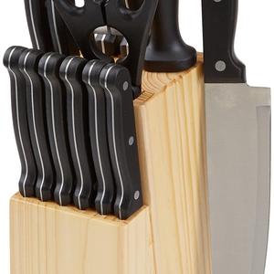AmazonBasics 14-Piece Knife Set with High-carbon Stainless-steel Blades and Pine Wood Block