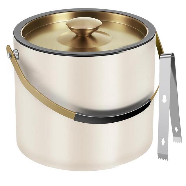 3.2L Ice Bucket with Silicone Lid, Tongs & Strainer, Double Wall Stainless Steel Insulated Ice Bucket for Parties & Cocktail Bar, Keep Ice Frozen Longer
