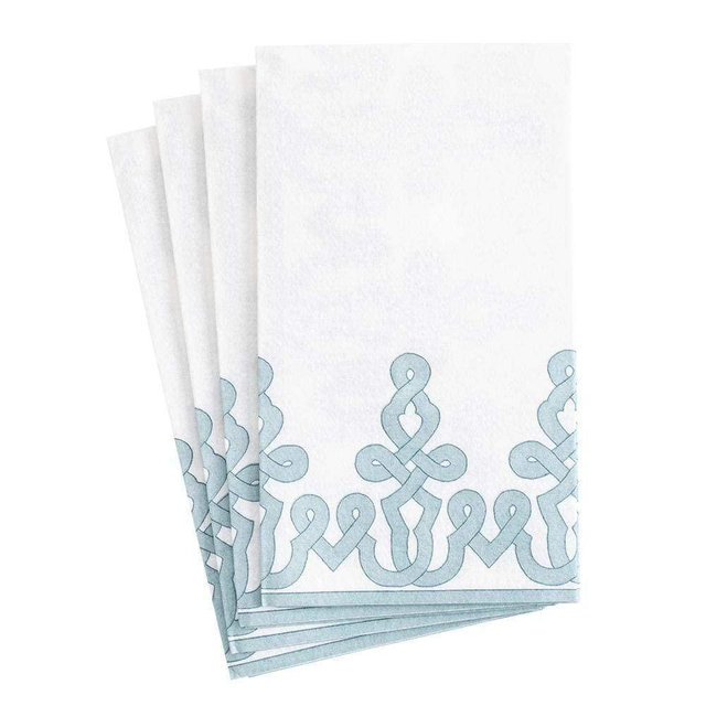 Caspari Dessin Passementerie Paper Linen Guest Towel Napkins in Stone Blue - Four Packs of 12