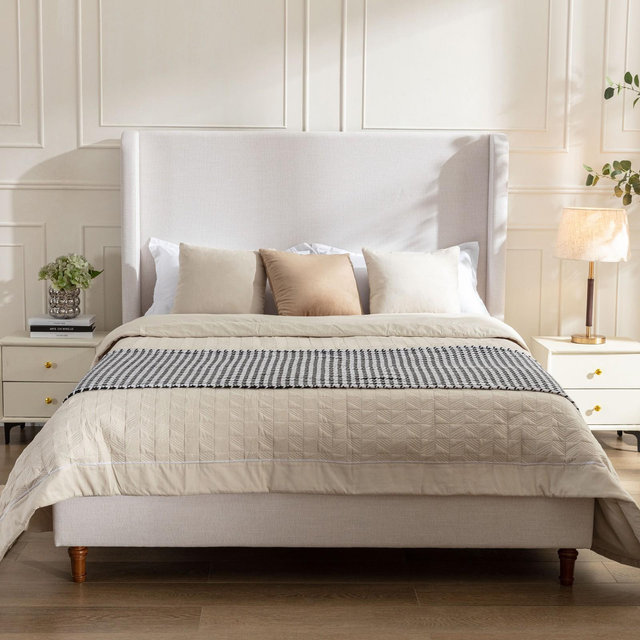 GDFStudio Eveleth 54" Headboard Upholstered Wingback Bed with Solid Wood Legs, Ivory/Textured, King