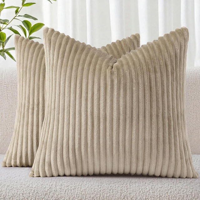 Simmore Decorative Christmas Throw Pillow Covers 20x20 Set of 2, Soft Natural Plush Flannel Double-Sided Fluffy Couch Pillow Covers for Sofa Living Room, Khaki