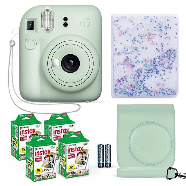Fujifilm Instax Mini 12 Instant Camera Mint Green + Fuji Instax Film Value Pack (40 Sheets) + Shutter Accessories Bundle, Incl. Compatible Carrying Case, Quicksand Beads Photo Album 64 Pockets
