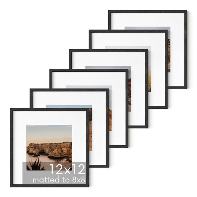 HAUS AND HUES Solid Oak Wood 12”x12” Picture Frames Matted to 8”x8” Set of 6-12 by 12 Frames Square, 12x12 Square Black Frames for Gallery Wall, 12x12 Frame with Mat, 12 x 12 Frames