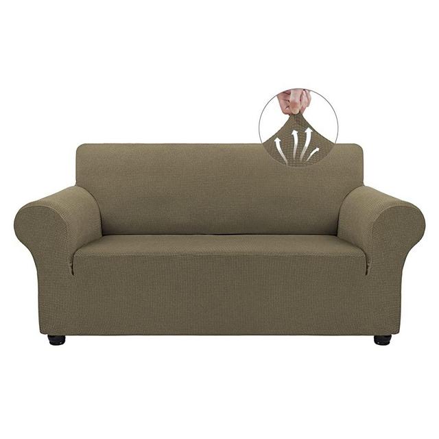Asnomy Sofa Covers for 2 Cushion Couch Stretch loveseat Covers Slipcovers, Pet Protector Furniture Covers for Dogs Cats Spandex Jacquard Fabric Small Checks （Medium，Khaki）
