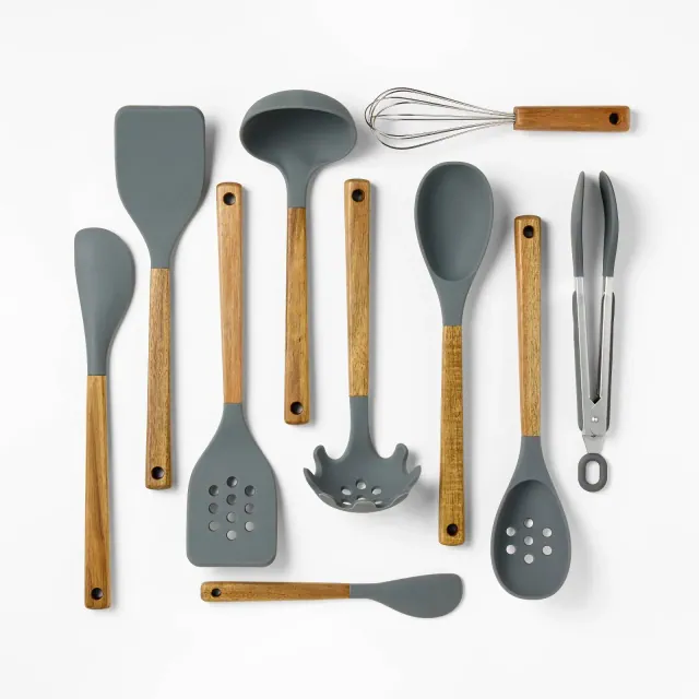 10pc Silicone/Acacia Kitchen Utensil Set Dark Gray - Figmint™
