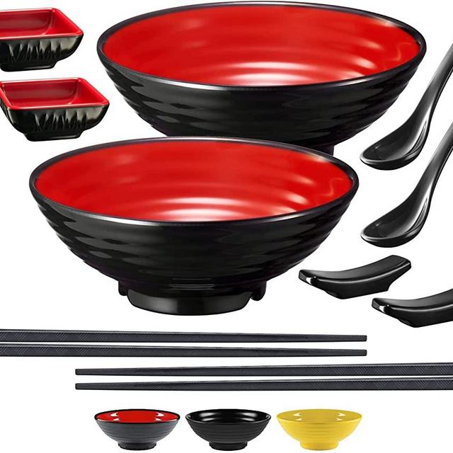 Unbreakable Ramen Bowl Set with Chopsticks and Spoon: 2 large Japanese Style Melamine Ramen Bowls, Dipping Bowls and Chopstick Stands for Asian Pho Soup Thai Miso Udon Wonton (2 Bowl Set, Red-Black)