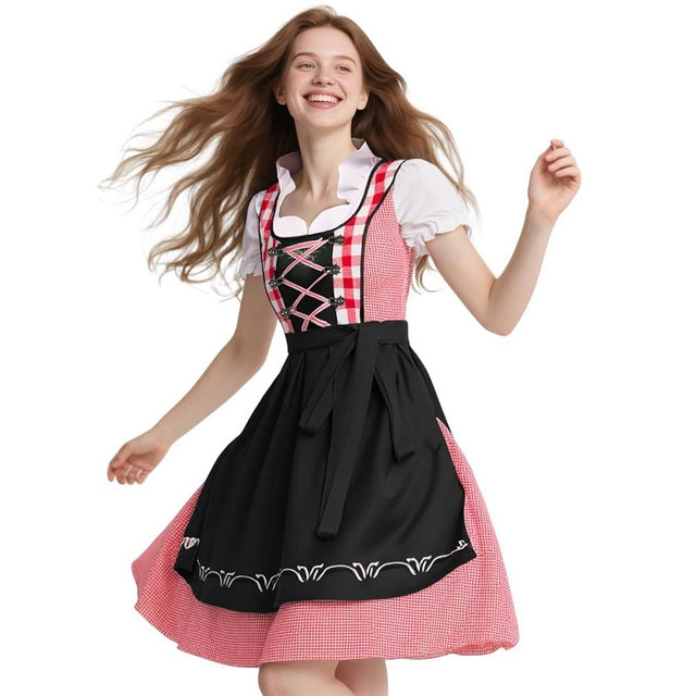 Muswarm Oktoberfest Costumes Women with Apron, Red and White Checkered German Dirndl Dresses, October Festival Outfit