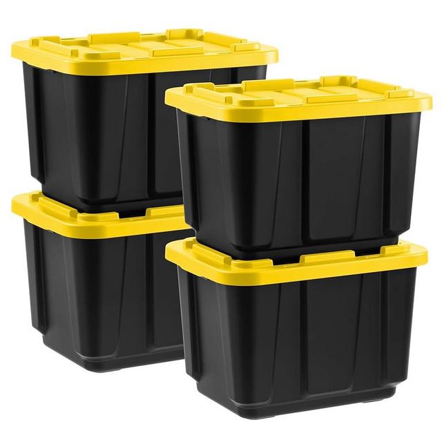 IRIS USA 12 Gallon Heavy Duty Truck Bed Toolbox Storage Tote Bins with Lids, 4 Pack - Made in USA, Tough Snap On Lid Stackable Industrial Rugged Tubs, Garage Organization, Reusable Box - Black/Yellow