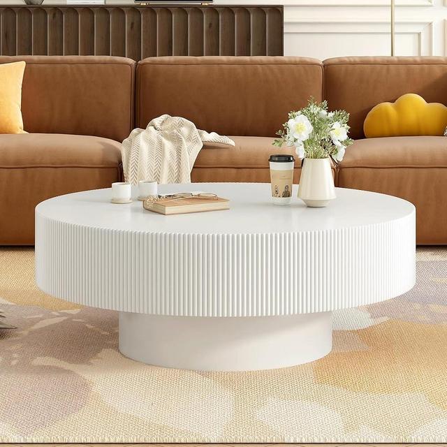 SSLine Round Fluted Coffee Table, 31.5 inch Wood Circle Table for Living Room, Modern Durm Shape Center Table with 6.8 inch Thick Top (White)