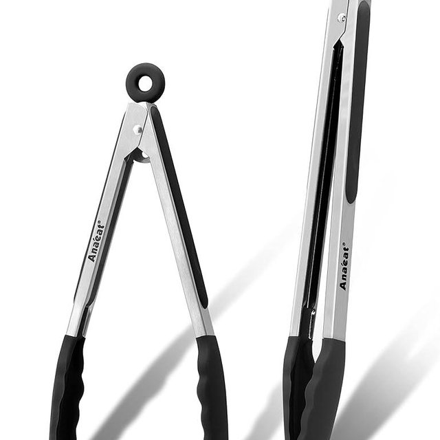 Anaeat Non-Stick Silicone Locking Tong Set of 2 - Stainless Steel 9" and 12" Kitchen Food Tongs with Non-Slip Silicone Tips and Grip for Cooking, Baking and BBQ - Heavy Duty & Heat Resistant (Black)