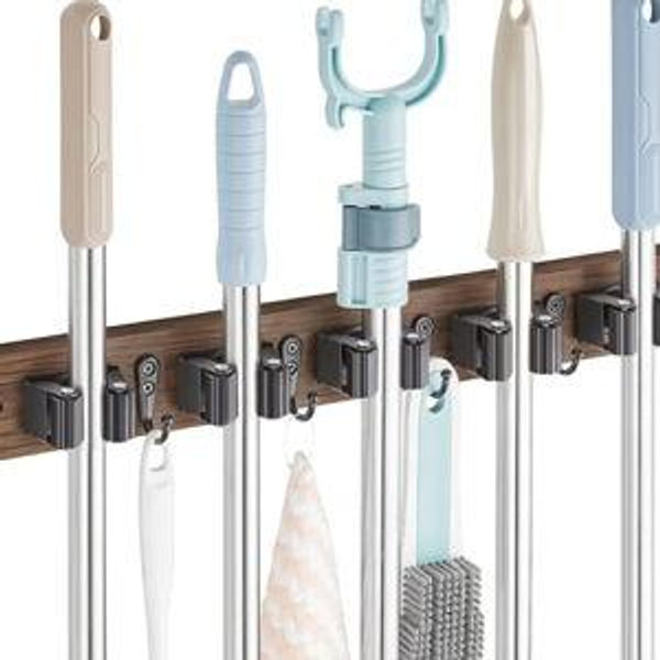Mop and Broom Holder Wall Mount - Wood Broom Mop Hanger - Wall Mounted Garden Tool Rack Organizer for Closet Garage Laundry Room for Rustic Kitchen Decor With 5 Slots & 4 Hooks