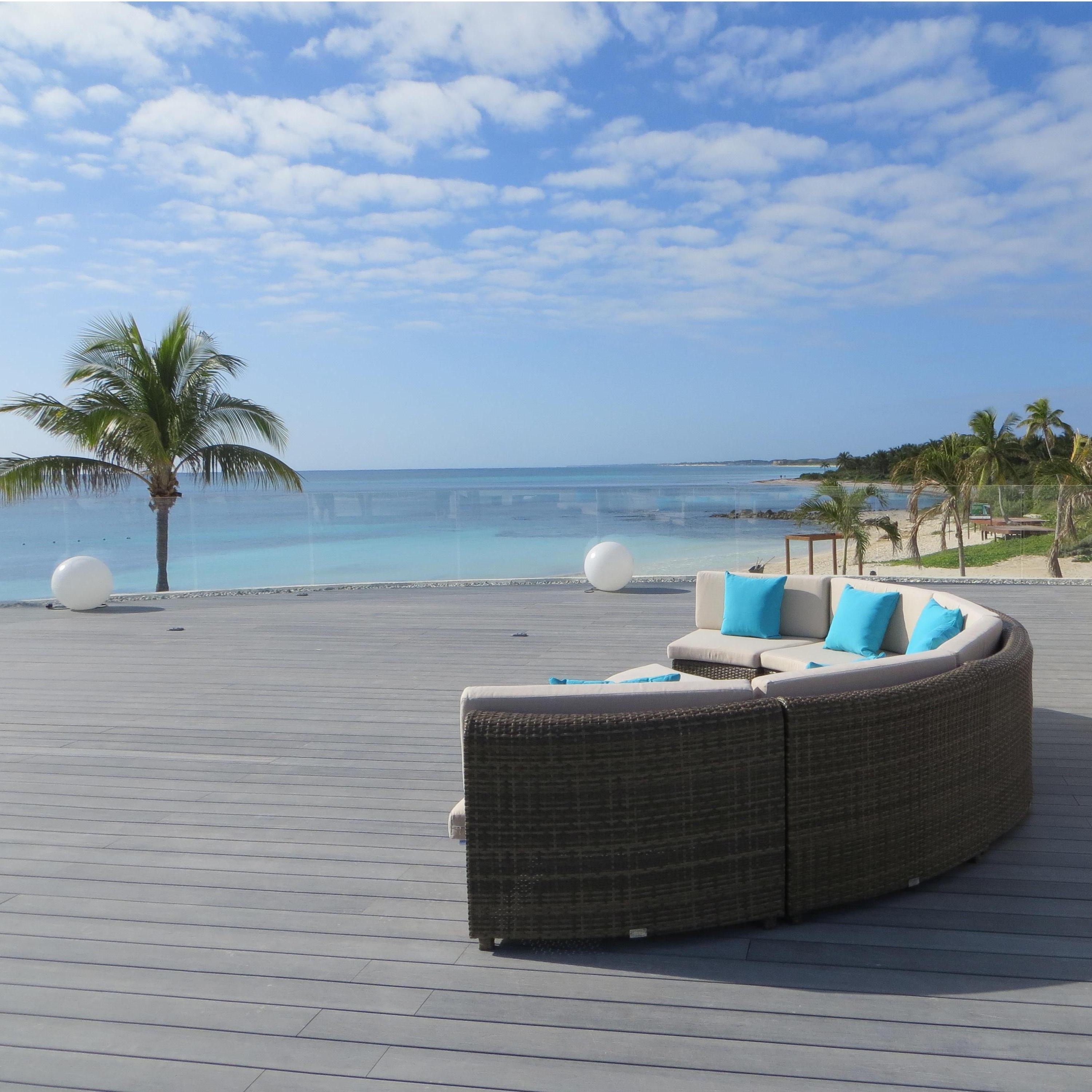 Restaurant rooftop overlooking the water.
