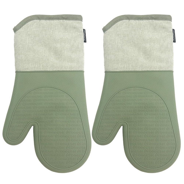 Homewear Marlow Silicone Extra Long Oven Mitt 2 Piece Set, Heat and Slip Resistant, Recycled Cotton with Soft Lining, Thick Kitchen Gloves for Cooking, Green