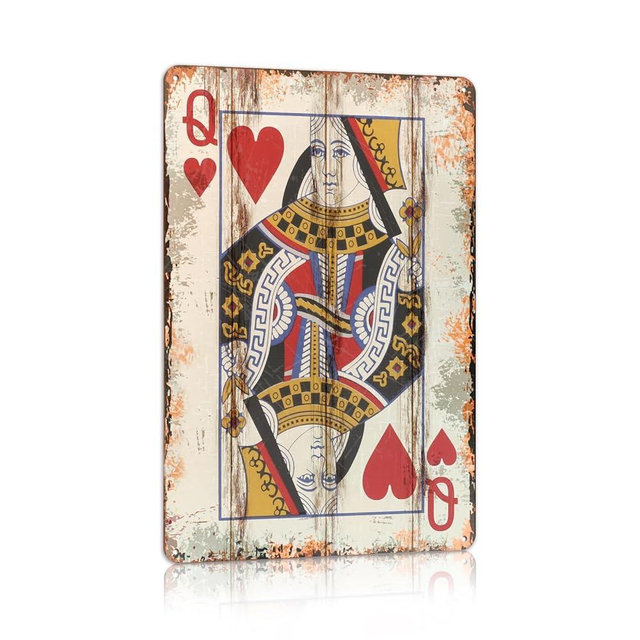 Vintage Poker Metal Sign Queen of Hearts Tin Sign Playing Card Wall Sign Man Cave Home Wall Decor 12 x 8 Inch