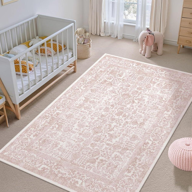 PureCozy Pink Area Rug 5x7 Machine Washable Vintage Living Room Distressed Non Slip Carpet Traditional Indoor Bedroom Retro Floral Accent Throw Large Rug Office Kitchen Bathroom Dining Room