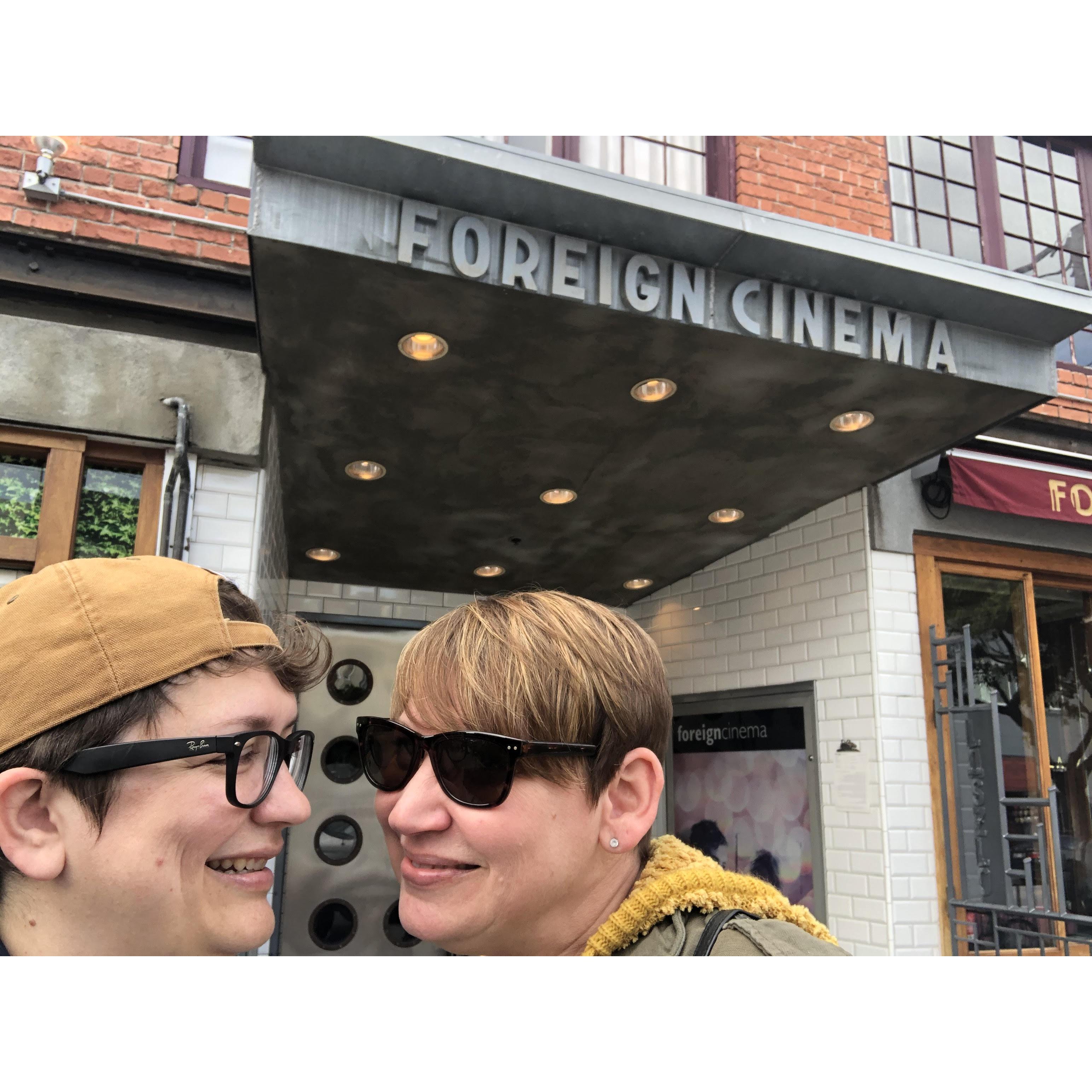 A revisit to one of the very first places we ate together, before we were together, Foreign Cinema in San Francisco. The night we went they were playing High Fidelity under the string lights.