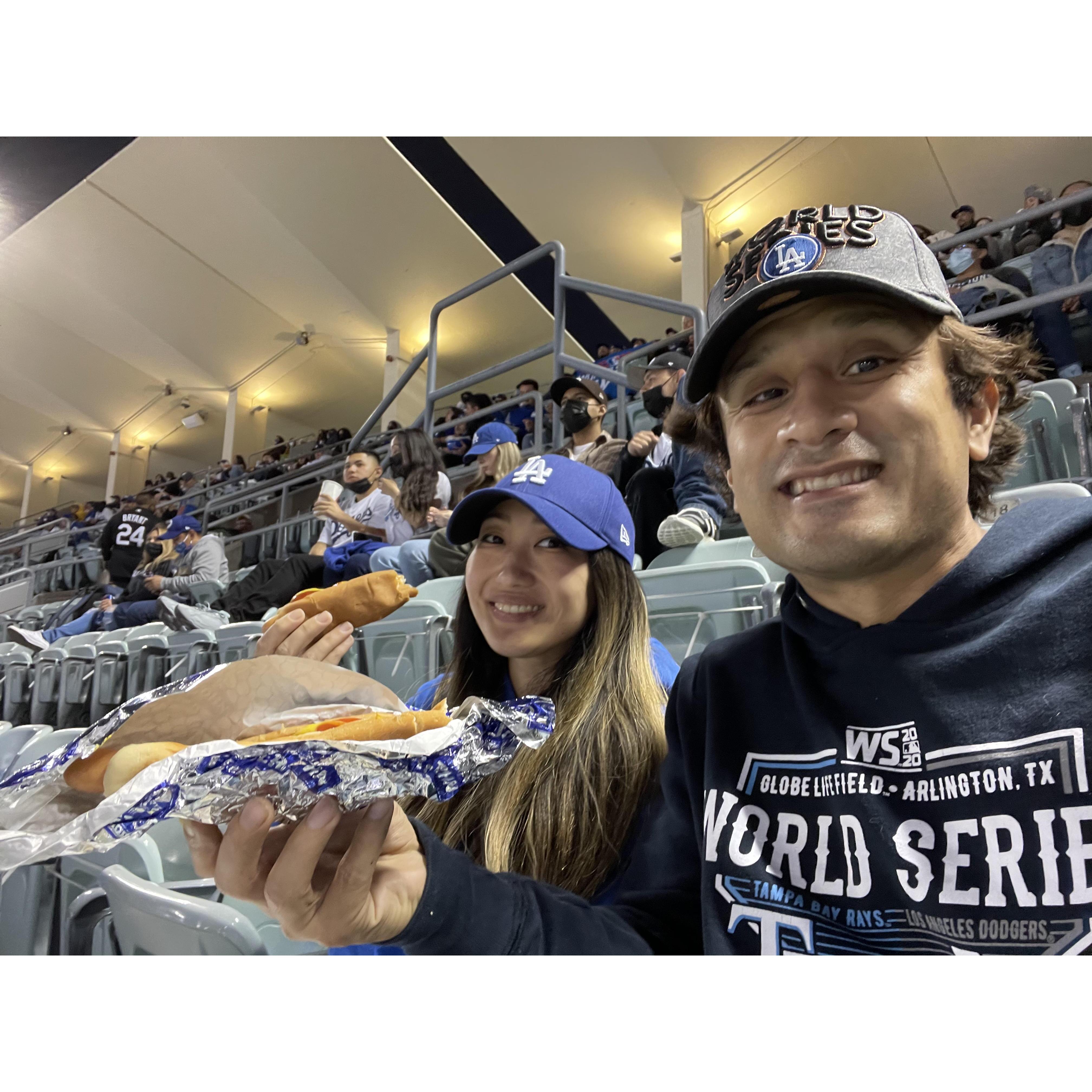 Eating Dodger dogs in LA